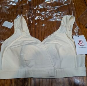 TWO Beige Front Closing Cotton Bras With Lace Trim. 34B.